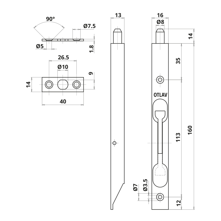 Zástrč dveřní 160 mm žlutý zinek