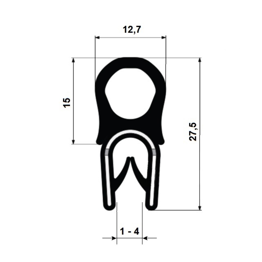 PIRELI-U PVC/EPDM GA1.117 - Profil s kovovou výztuží a horním těs. PVC/EPDM -40/+100°C , plech 1-4 m