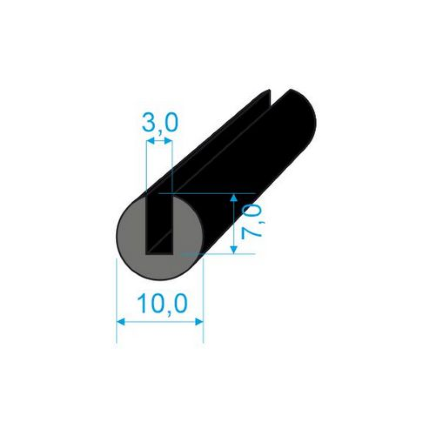 Profil pryžový kruhový s drážkou 10x3 mm, EPDM 70°Sh černý, dvouproud