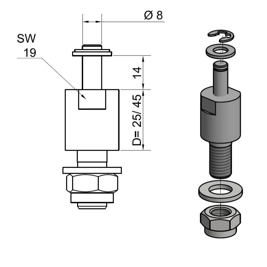Šroub TB 45-14 mm, 8 mm, pro desku TB, nerez V2A, s příslušenstvím