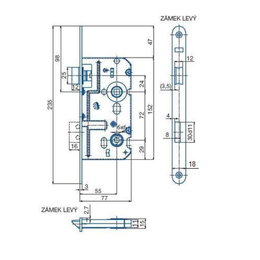 Zámek zadlabací 72/80 K222 L C WC BZn