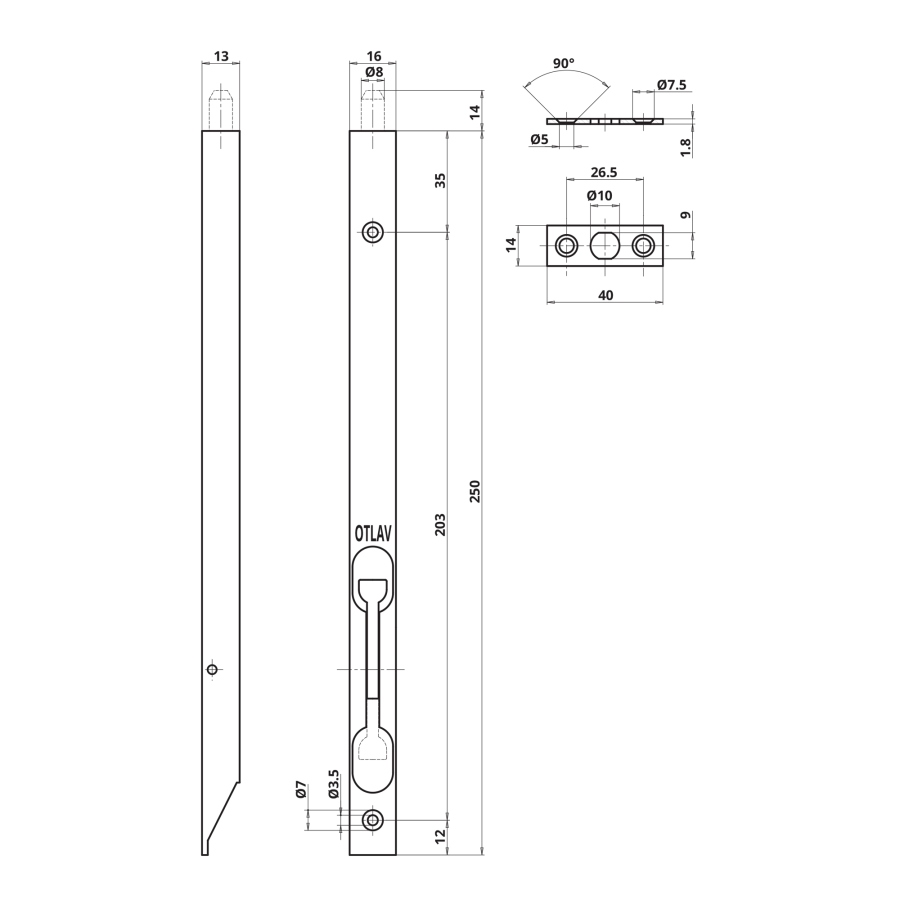 Zástrč dveřní 250 mm žlutý zinek