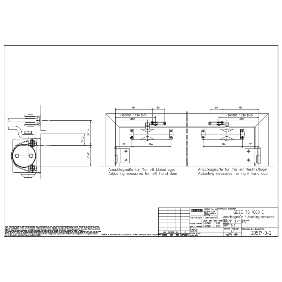 Zavírač dveří GEZE TS 1000 C, obyčejné ramínko, stříbrný, 45kg